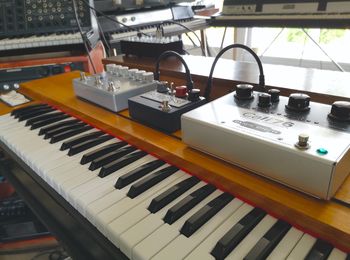 A Hohner Clavinet D6 with effects pedals on top