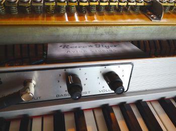A RetroFlyer Preamp mounted inside a Rhodes electric piano