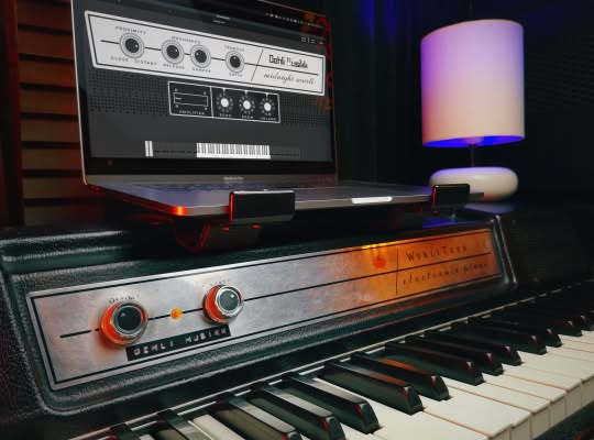 A Wurlitzer 200A electric piano with a laptop computer on top. A user interface for the Midnight Wurli library is displaying on the computer screen.