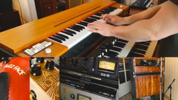 A Clavinet being played, two fuzz pedals, computer screen with two software audio compressors and a Solton Dopplertone rotary speaker