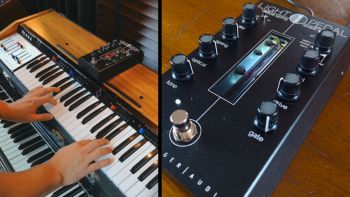 A Logan String Melody II synthesizer being played and a Gamechanger Audio LIGHT pedal