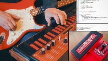 An electric guitar and a MIDI keyboard controller being played, a screenshot of script code for Logic Pro and a Digitech Whammy pedal