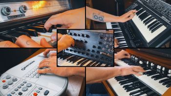 A Wurlitzer 200A electric piano, a Roland SH-09, a Roland D-50, a Korg MS-20, an Omnichord and a Hammond C3 tonewheel organ being played