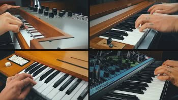 A Therevox synthesizer, a Yamaha L-20D electric harmonium / reed organ, a Hohner Clavinet and a Moog Matriarch synthesizer being played