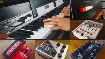 A Fender Rhodes electric piano, a Roland Dimension D, a Chase Bliss Audio & Meris CXM 1978, a DigiTech Whammy (5th Gen), an Electro-Harmonix Deluxe Memory Man and a Gamechanger Audio LIGHT Pedal