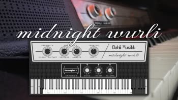 The logo and user interface for Midnight Wurli with a Wurlitzer 200A Electric Piano in the background