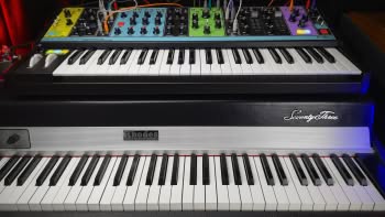 A Fender Rhodes electric piano with a Moog Matriarch synthesizer on top