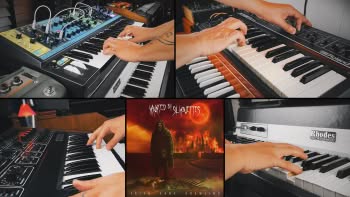 Various keyboard instruments being played with the Faith Came Crawling by Haunted By Silhouettes album cover in the middle
