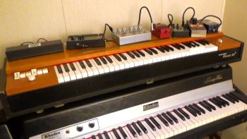 A Hohner Clavinet D6 with effects pedals on top