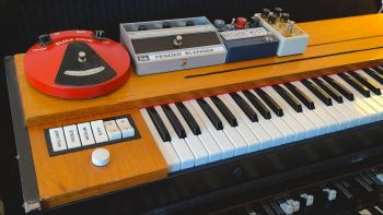 A Hohner Clavinet D6 with fuzz pedals on top