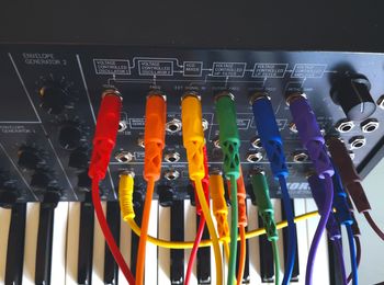 A Korg MS-20 synthesizer with rainbow colored patch cables