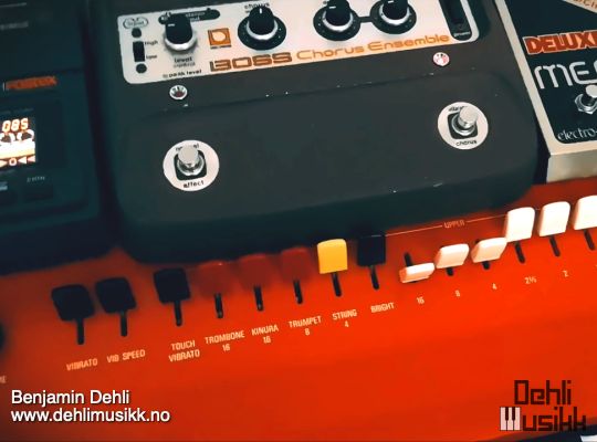 Red Yamaha YC-25D combo organ with effects pedals on top