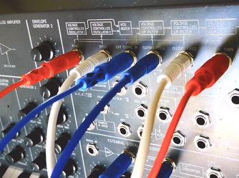 A Korg MS-20 and patch cables with the color of the Norwegian flag