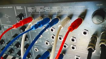 A Korg MS-20 and patch cables with the color of the Norwegian flag