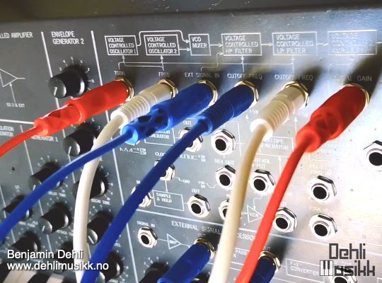 A Korg MS-20 and patch cables with the color of the Norwegian flag