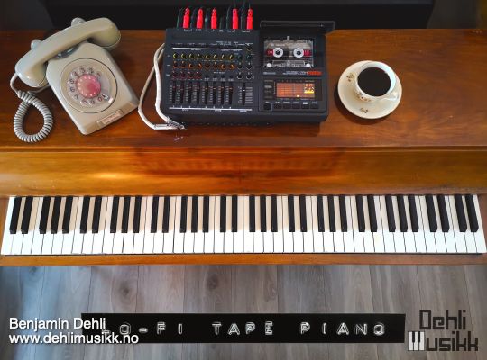Louis Zwicki Pianette with an old telephone, tape recorder and coffee cup on top