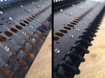 Keyboard assembly inside a Sequential Circuits Pro-One, before and after maintenance