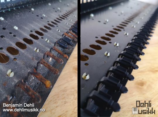 Keyboard assembly inside a Sequential Circuits Pro-One, before and after maintenance