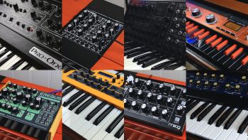 Eight synthesizers in a grid layout: Sequential Circuits Pro-One, Doepfer Dark Energy, Korg MS-20, Korg microKORG XL+, Dreadbox Erebus v2 Dave Smith Instruments Mopho Keyboard, Moog Minitaur and Korg Polysix.