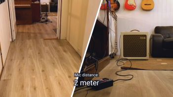 Guitar amplifier with microphones in front and the text "Mic distance: 2 meter"