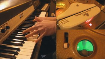 A Rhodes piano being played, a Tandberg tape recorder and a "Magic Eye" signal indicator