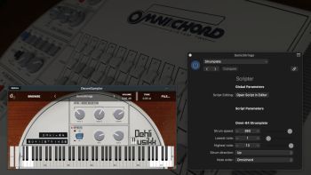 Screenshot of the Logic Pro X scripter plugin and the Omni-84 sample library in Decent Sampler with a Suzuki Omnichord in the background