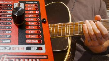 A DigiTech Whammy pedal and a Levin Model 27 archtop guitar being played
