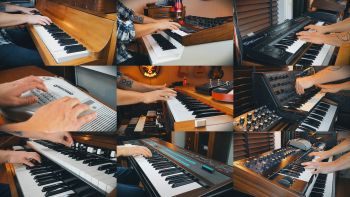 A Hammond C3, Hohner Clavinet D6, Korg MS-20, Korg Polysix, Louis Zwicki Pianette, Roland D-50, Sequential Circuits Pro-One, Suzuki Omnichord OM-84 System Two and Yamaha DX7 being played