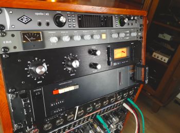 A studio rack with effects units and outboard gear