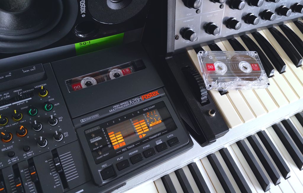 A Korg MS-20 with a cassette and tape recorder