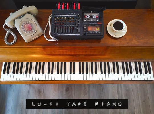 Louis Zwicki Pianette with an old telephone, tape recorder and coffee cup on top